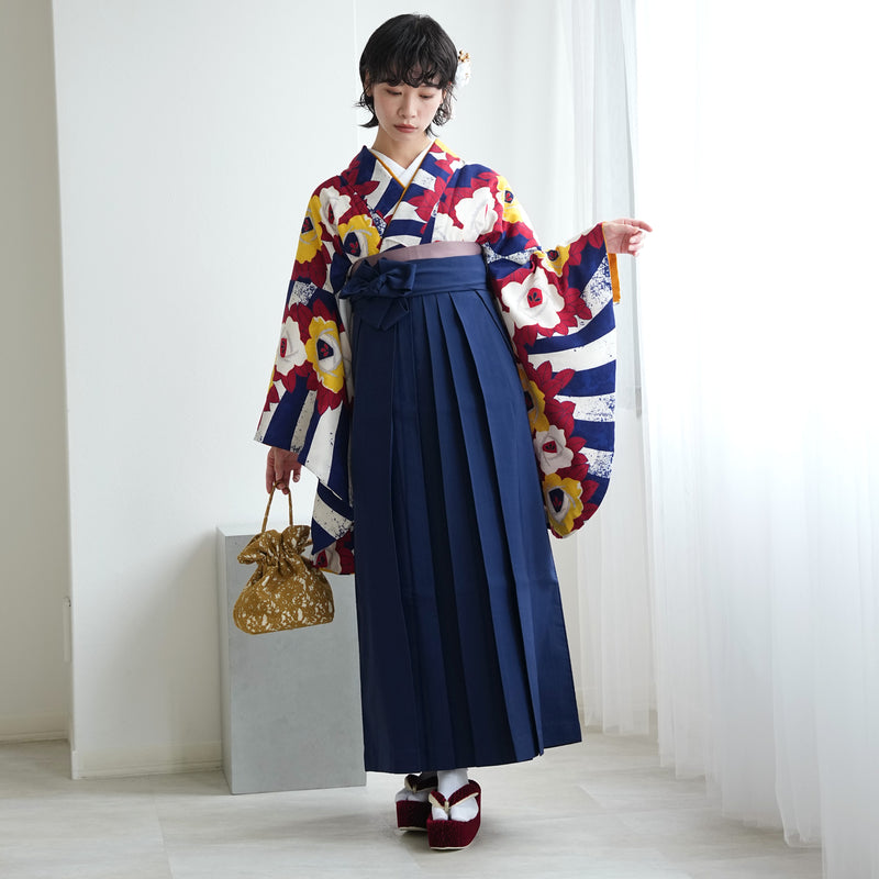 【レンタル】 袴 17点セット  モダンアンテナ 二尺袖着物 ネイビーの縞々ヴィンテージ 袴95cm（身長約158-163cm）重ね衿縫い付済  卒業式 大学生 専門学生（1021605401）