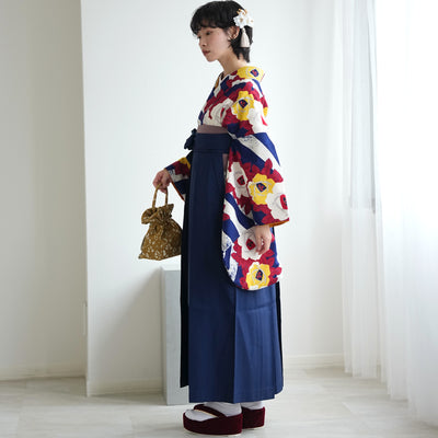 【レンタル】 袴 17点セット  モダンアンテナ 二尺袖着物 ネイビーの縞々ヴィンテージ 袴95cm（身長約158-163cm）重ね衿縫い付済  卒業式 大学生 専門学生（1021605401）