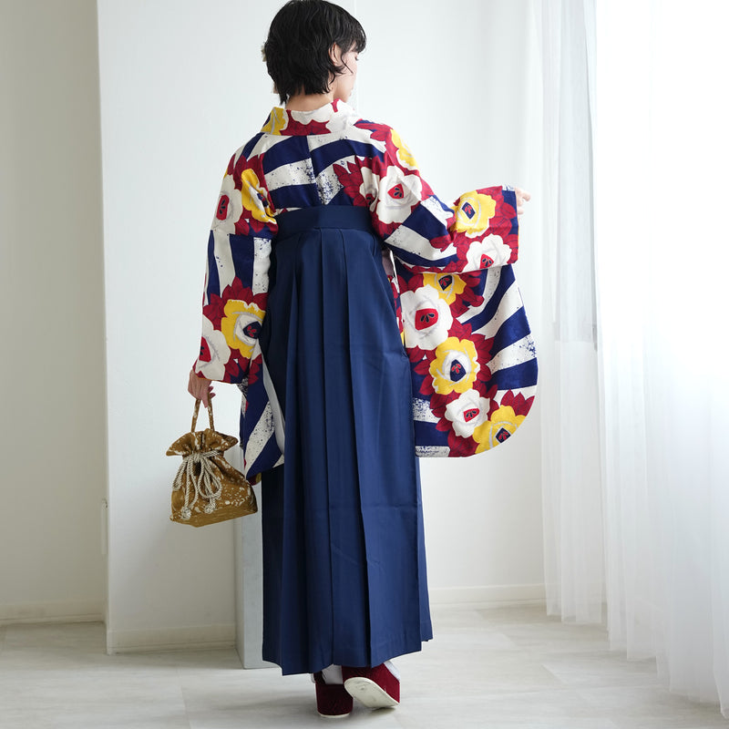 【レンタル】 袴 17点セット  モダンアンテナ 二尺袖着物 ネイビーの縞々ヴィンテージ 袴95cm（身長約158-163cm）重ね衿縫い付済  卒業式 大学生 専門学生（1021605401）