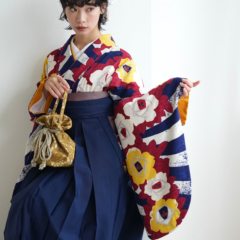 【レンタル】 袴 17点セット  モダンアンテナ 二尺袖着物 ネイビーの縞々ヴィンテージ 袴95cm（身長約158-163cm）重ね衿縫い付済  卒業式 大学生 専門学生（1021605401）