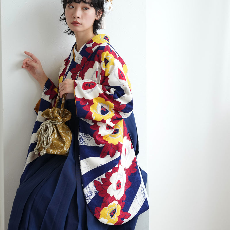 【レンタル】 袴 17点セット  モダンアンテナ 二尺袖着物 ネイビーの縞々ヴィンテージ 袴95cm（身長約158-163cm）重ね衿縫い付済  卒業式 大学生 専門学生（1021605401）