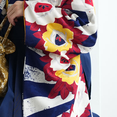 【レンタル】 袴 17点セット  モダンアンテナ 二尺袖着物 ネイビーの縞々ヴィンテージ 袴95cm（身長約158-163cm）重ね衿縫い付済  卒業式 大学生 専門学生（1021605401）