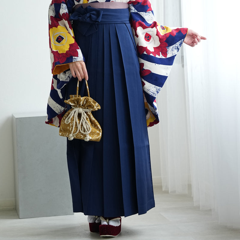 【レンタル】 袴 17点セット  モダンアンテナ 二尺袖着物 ネイビーの縞々ヴィンテージ 袴95cm（身長約158-163cm）重ね衿縫い付済  卒業式 大学生 専門学生（1021605401）