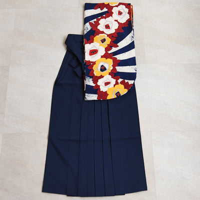 【レンタル】 袴 17点セット  モダンアンテナ 二尺袖着物 ネイビーの縞々ヴィンテージ 袴95cm（身長約158-163cm）重ね衿縫い付済  卒業式 大学生 専門学生（1021605401）