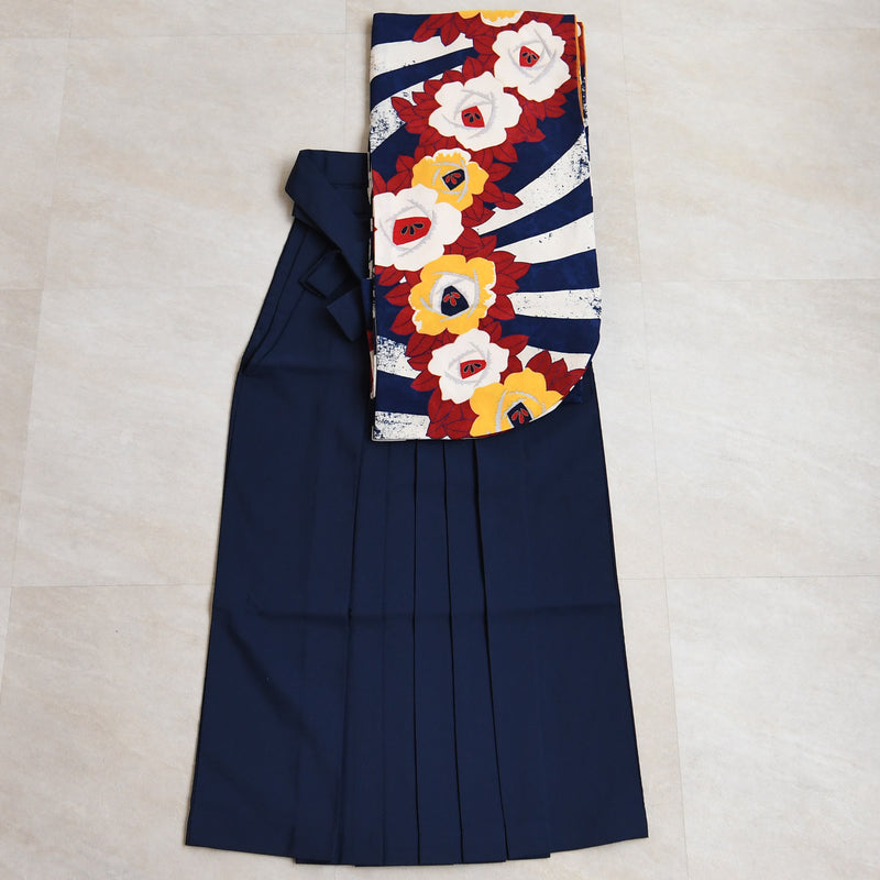 【レンタル】 袴 17点セット  モダンアンテナ 二尺袖着物 ネイビーの縞々ヴィンテージ 袴95cm（身長約158-163cm）重ね衿縫い付済  卒業式 大学生 専門学生（1021605401）