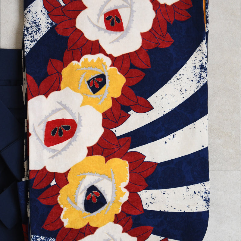 【レンタル】 袴 17点セット  モダンアンテナ 二尺袖着物 ネイビーの縞々ヴィンテージ 袴95cm（身長約158-163cm）重ね衿縫い付済  卒業式 大学生 専門学生（1021605401）