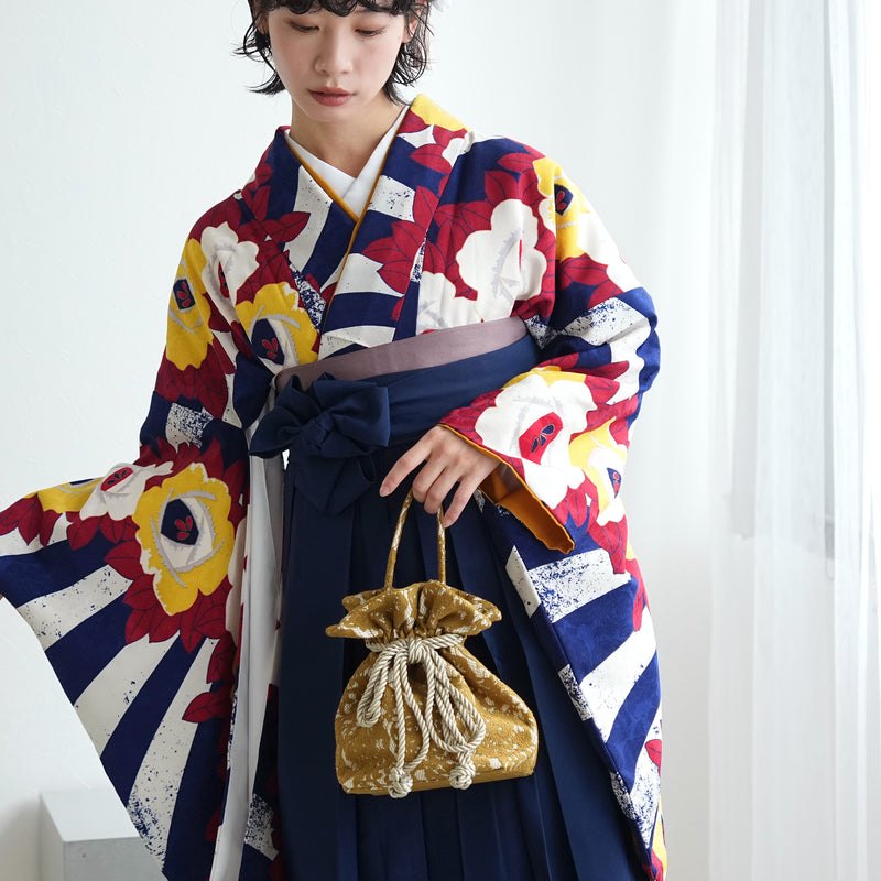 【レンタル】 袴 17点セット  モダンアンテナ 二尺袖着物 ネイビーの縞々ヴィンテージ 袴95cm（身長約158-163cm）重ね衿縫い付済  卒業式 大学生 専門学生（1021605401）