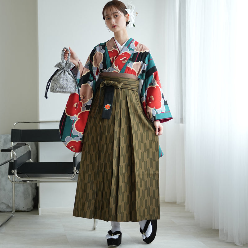 【レンタル】 袴 17点セット  utatane 二尺袖着物 大正浪漫の渋色つばき 袴95cm（身長約158-163cm）重ね衿縫い付済  卒業式 大学生 専門学生（1021608701）