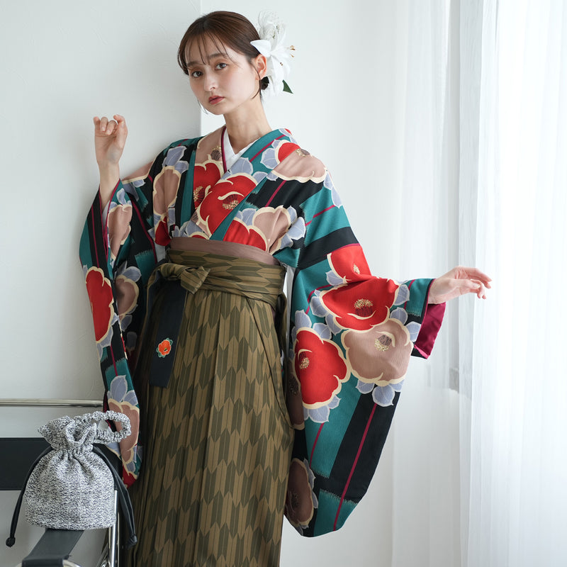 【レンタル】 袴 17点セット  utatane 二尺袖着物 大正浪漫の渋色つばき 袴95cm（身長約158-163cm）重ね衿縫い付済  卒業式 大学生 専門学生（1021608701）
