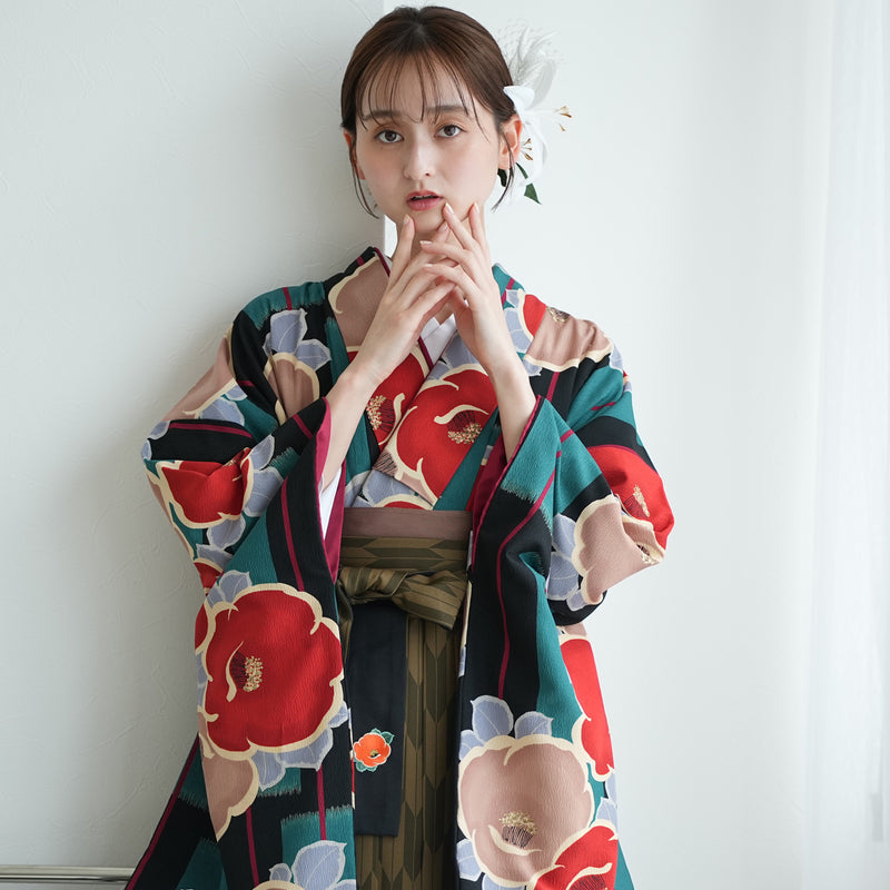【レンタル】 袴 17点セット  utatane 二尺袖着物 大正浪漫の渋色つばき 袴95cm（身長約158-163cm）重ね衿縫い付済  卒業式 大学生 専門学生（1021608701）