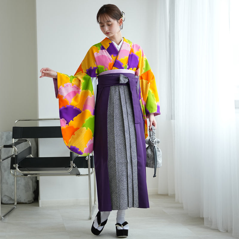 【レンタル】 袴 17点セット  二尺袖着物 やまぶき色のモダン雪輪 袴95cm（身長約158-163cm）重ね衿縫い付済  卒業式 大学生 専門学生（1021609401）