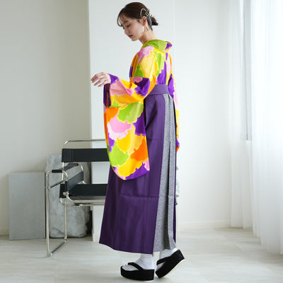 【レンタル】 袴 17点セット  二尺袖着物 やまぶき色のモダン雪輪 袴95cm（身長約158-163cm）重ね衿縫い付済  卒業式 大学生 専門学生（1021609401）