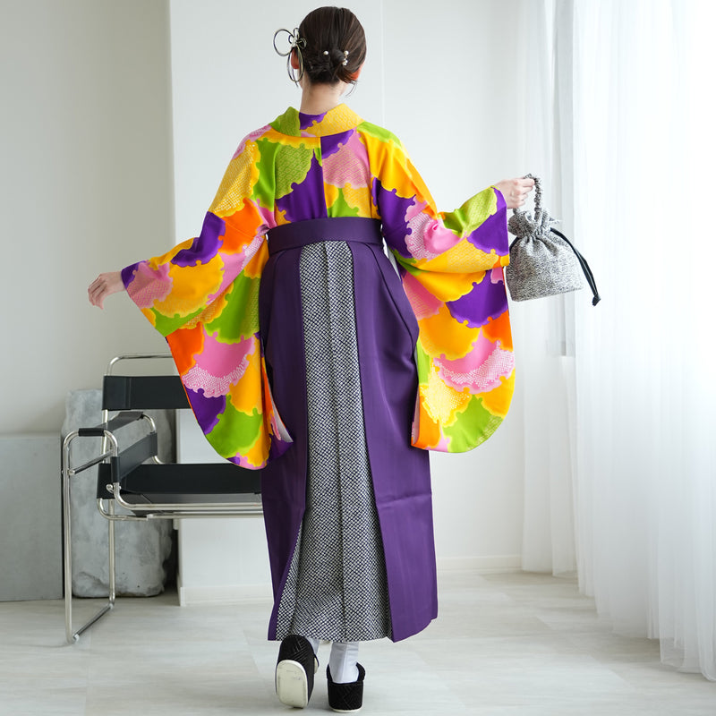 【レンタル】 袴 17点セット  二尺袖着物 やまぶき色のモダン雪輪 袴95cm（身長約158-163cm）重ね衿縫い付済  卒業式 大学生 専門学生（1021609401）