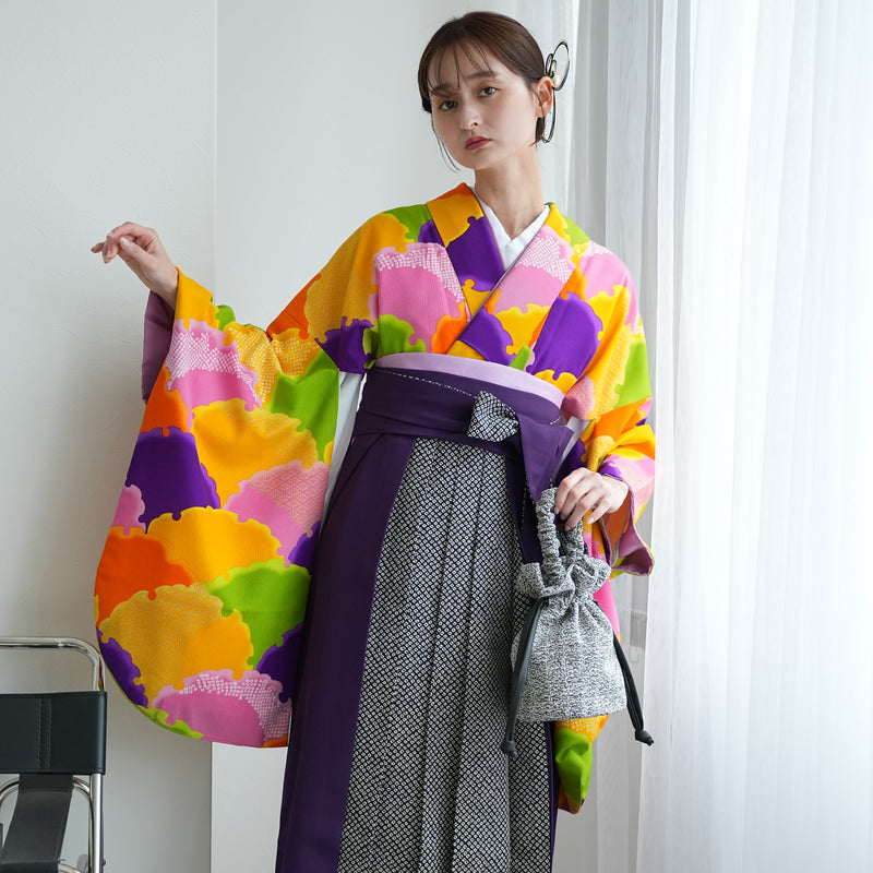 【レンタル】 袴 17点セット  二尺袖着物 やまぶき色のモダン雪輪 袴95cm（身長約158-163cm）重ね衿縫い付済  卒業式 大学生 専門学生（1021609401）