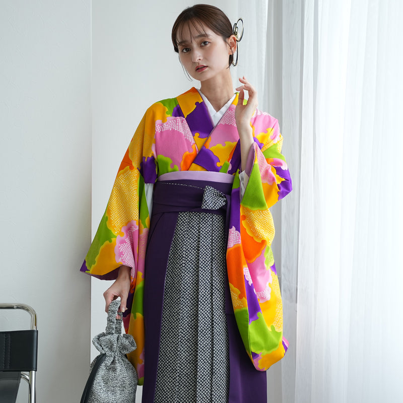 【レンタル】 袴 17点セット  二尺袖着物 やまぶき色のモダン雪輪 袴95cm（身長約158-163cm）重ね衿縫い付済  卒業式 大学生 専門学生（1021609401）