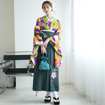【レンタル】 袴 17点セット 紫とからしの縞々菊   重ね衿縫い付済  卒業式 大学生 専門学生（1021609501）