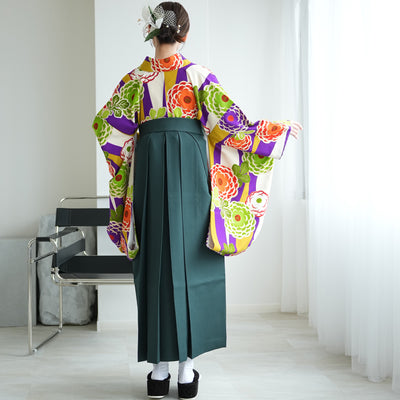【レンタル】 袴 17点セット 紫とからしの縞々菊   重ね衿縫い付済  卒業式 大学生 専門学生（1021609501）