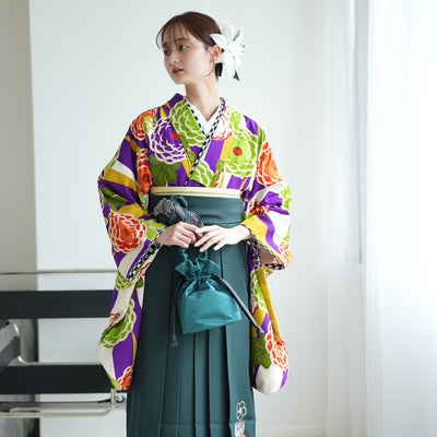【レンタル】 袴 17点セット 紫とからしの縞々菊   重ね衿縫い付済  卒業式 大学生 専門学生（1021609501）