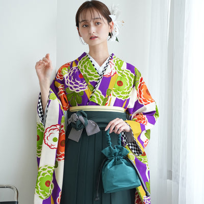 【レンタル】 袴 17点セット 紫とからしの縞々菊   重ね衿縫い付済  卒業式 大学生 専門学生（1021609501）