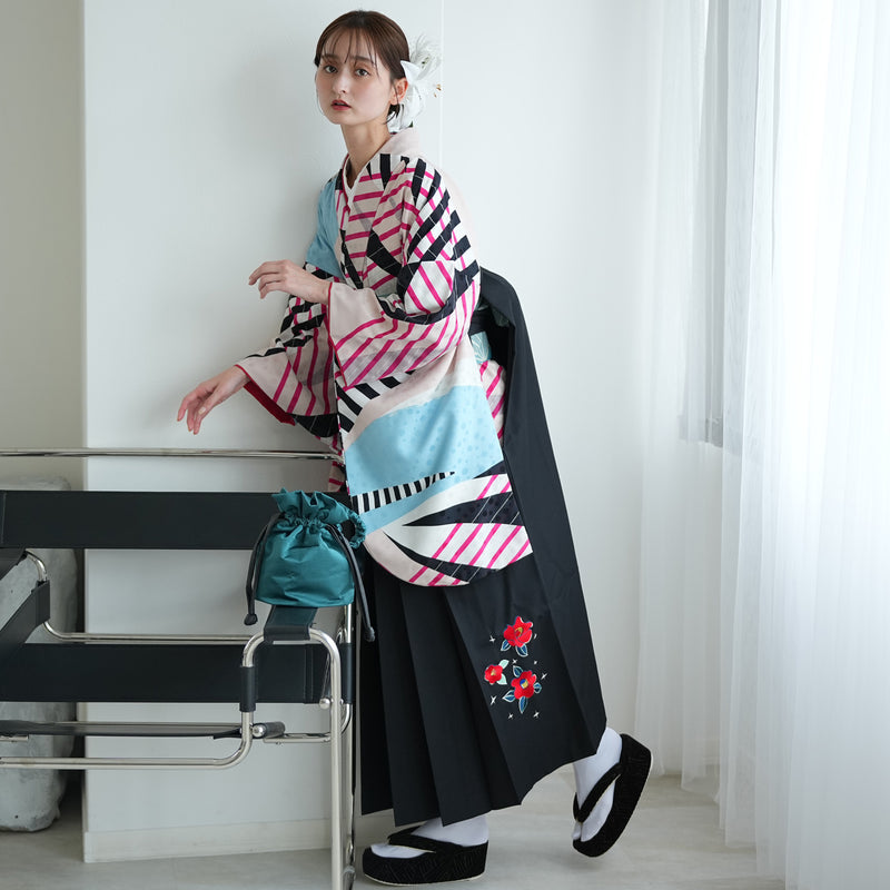 【レンタル】 袴 17点セット  モダンアンテナ 二尺袖着物 水色しましまジオメトリック 袴95cm（身長約158-163cm）重ね衿縫い付済  卒業式 大学生 専門学生（1021609601）