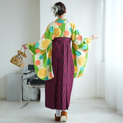 【レンタル】 袴 17点セット  二尺袖着物 大正浪漫かすれ緑縞にしゃぼん玉 袴95cm（身長約158-163cm）重ね衿縫い付済  卒業式 大学生 専門学生（1021609801）