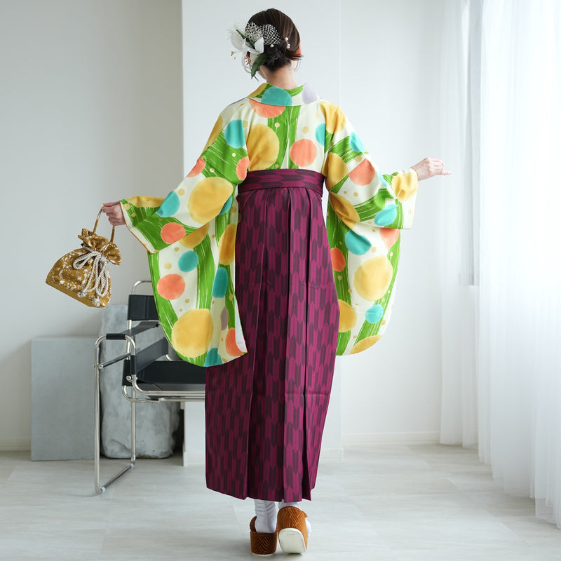 【レンタル】 袴 17点セット  二尺袖着物 大正浪漫かすれ緑縞にしゃぼん玉 袴95cm（身長約158-163cm）重ね衿縫い付済  卒業式 大学生 専門学生（1021609801）