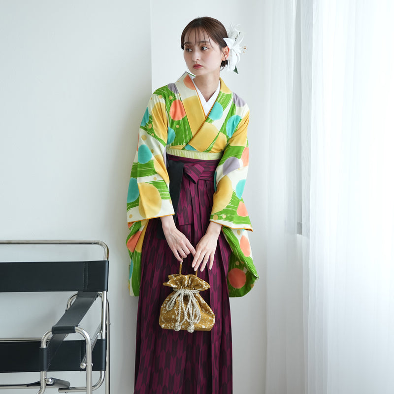 【レンタル】 袴 17点セット  二尺袖着物 大正浪漫かすれ緑縞にしゃぼん玉 袴95cm（身長約158-163cm）重ね衿縫い付済  卒業式 大学生 専門学生（1021609801）