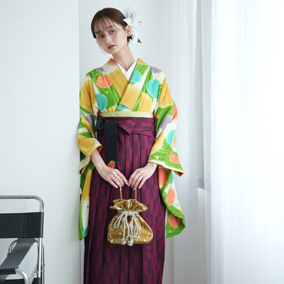 【レンタル】 袴 17点セット  二尺袖着物 大正浪漫かすれ緑縞にしゃぼん玉 袴95cm（身長約158-163cm）重ね衿縫い付済  卒業式 大学生 専門学生（1021609801）