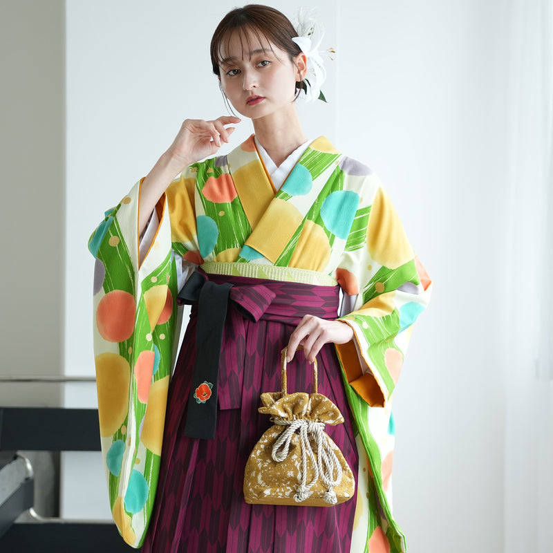 【レンタル】 袴 17点セット  二尺袖着物 大正浪漫かすれ緑縞にしゃぼん玉 袴95cm（身長約158-163cm）重ね衿縫い付済  卒業式 大学生 専門学生（1021609801）
