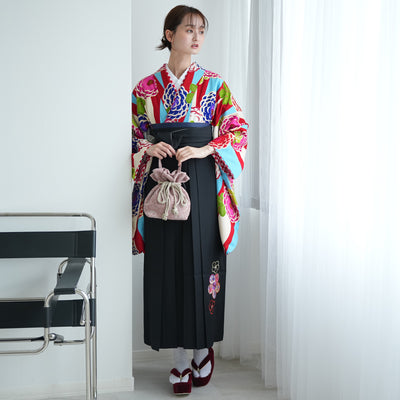 【レンタル】 袴 17点セット  二尺袖着物 赤と水色の縞々菊 袴95cm（身長約158-163cm）重ね衿縫い付済  卒業式 大学生 専門学生（1021610301）