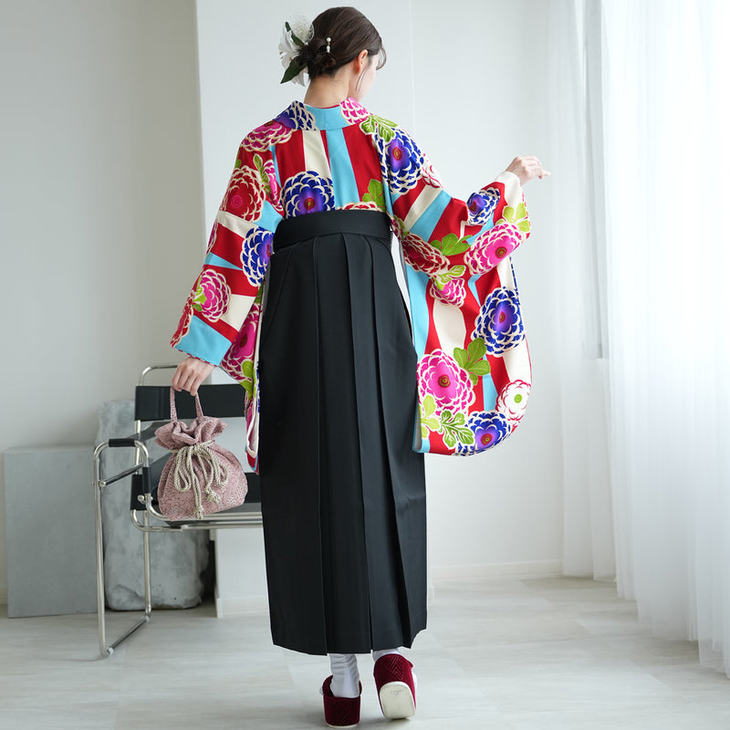 【レンタル】 袴 17点セット  二尺袖着物 赤と水色の縞々菊 袴95cm（身長約158-163cm）重ね衿縫い付済  卒業式 大学生 専門学生（1021610301）