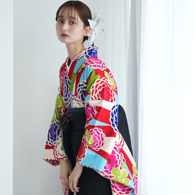 【レンタル】 袴 17点セット  二尺袖着物 赤と水色の縞々菊 袴95cm（身長約158-163cm）重ね衿縫い付済  卒業式 大学生 専門学生（1021610301）