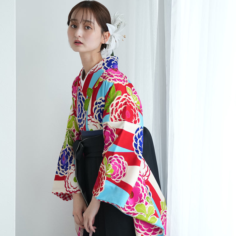 【レンタル】 袴 17点セット  二尺袖着物 赤と水色の縞々菊 袴95cm（身長約158-163cm）重ね衿縫い付済  卒業式 大学生 専門学生（1021610301）