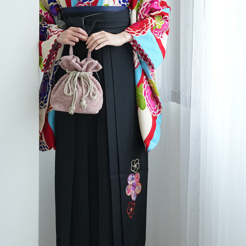 【レンタル】 袴 17点セット  二尺袖着物 赤と水色の縞々菊 袴95cm（身長約158-163cm）重ね衿縫い付済  卒業式 大学生 専門学生（1021610301）