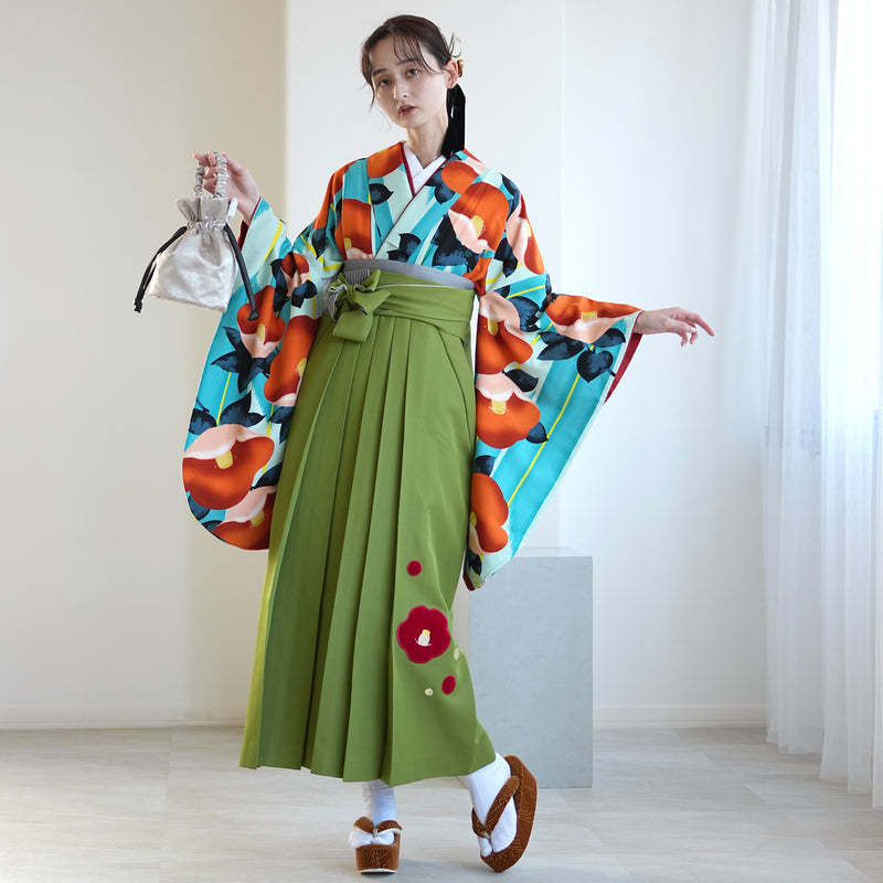 【レンタル】 袴 17点セット 紅一点 二尺袖着物 はんなりオレンジ椿 袴95cm（身長約158-163cm）重ね衿縫い付済  卒業式 大学生 専門学生（1021611801）