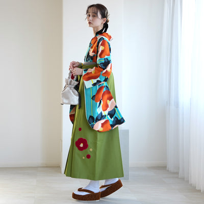 【レンタル】 袴 17点セット 紅一点 二尺袖着物 はんなりオレンジ椿 袴95cm（身長約158-163cm）重ね衿縫い付済  卒業式 大学生 専門学生（1021611801）