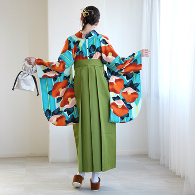 【レンタル】 袴 17点セット 紅一点 二尺袖着物 はんなりオレンジ椿 袴95cm（身長約158-163cm）重ね衿縫い付済  卒業式 大学生 専門学生（1021611801）