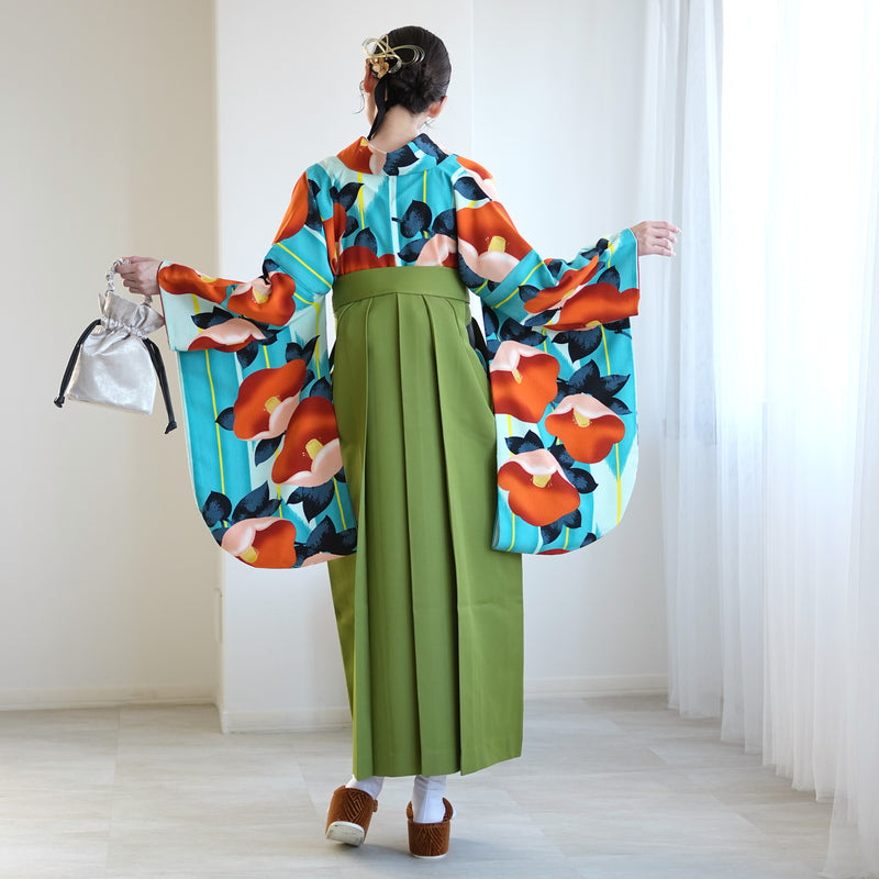 【レンタル】 袴 17点セット 紅一点 二尺袖着物 はんなりオレンジ椿 袴95cm（身長約158-163cm）重ね衿縫い付済  卒業式 大学生 専門学生（1021611801）