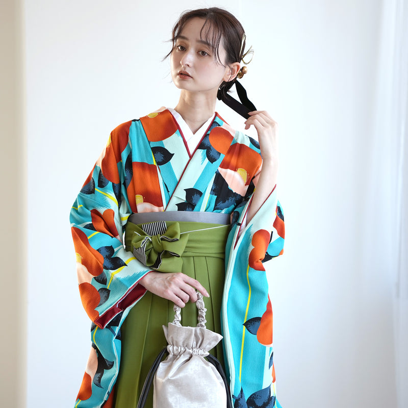 【レンタル】 袴 17点セット 紅一点 二尺袖着物 はんなりオレンジ椿 袴95cm（身長約158-163cm）重ね衿縫い付済  卒業式 大学生 専門学生（1021611801）