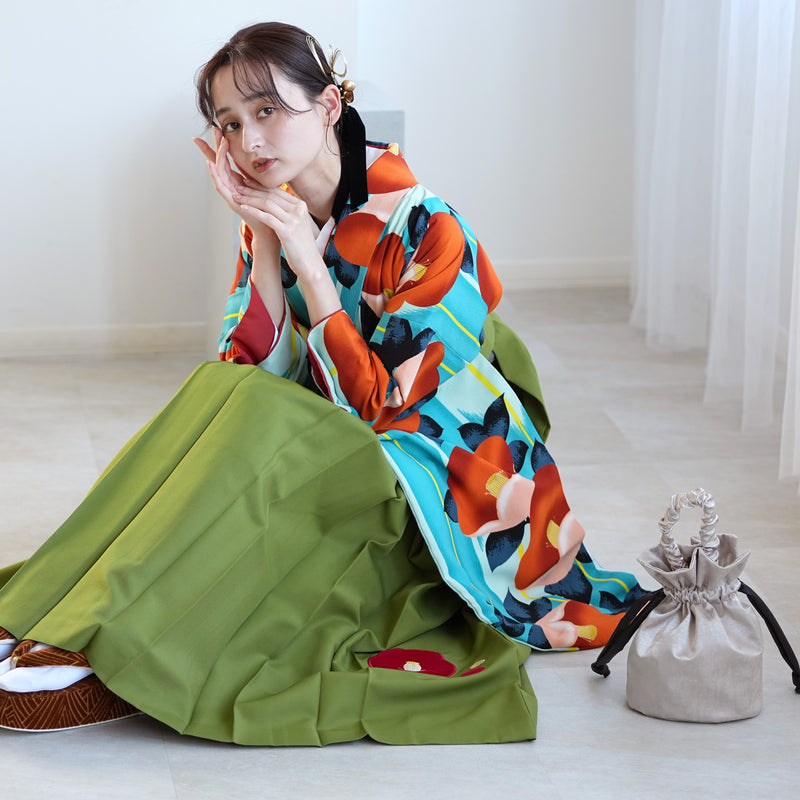 【レンタル】 袴 17点セット 紅一点 二尺袖着物 はんなりオレンジ椿 袴95cm（身長約158-163cm）重ね衿縫い付済  卒業式 大学生 専門学生（1021611801）