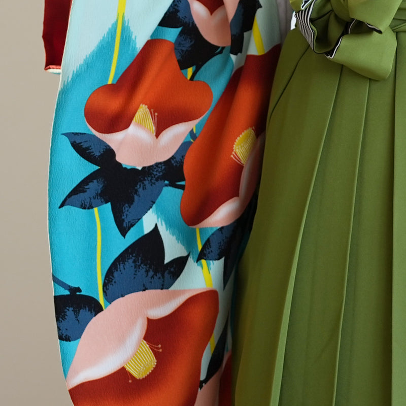 【レンタル】 袴 17点セット 紅一点 二尺袖着物 はんなりオレンジ椿 袴95cm（身長約158-163cm）重ね衿縫い付済  卒業式 大学生 専門学生（1021611801）