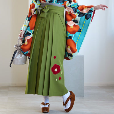 【レンタル】 袴 17点セット 紅一点 二尺袖着物 はんなりオレンジ椿 袴95cm（身長約158-163cm）重ね衿縫い付済  卒業式 大学生 専門学生（1021611801）