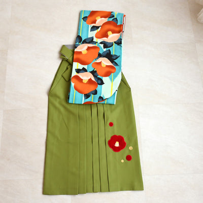 【レンタル】 袴 17点セット 紅一点 二尺袖着物 はんなりオレンジ椿 袴95cm（身長約158-163cm）重ね衿縫い付済  卒業式 大学生 専門学生（1021611801）