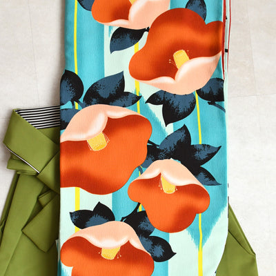 【レンタル】 袴 17点セット 紅一点 二尺袖着物 はんなりオレンジ椿 袴95cm（身長約158-163cm）重ね衿縫い付済  卒業式 大学生 専門学生（1021611801）