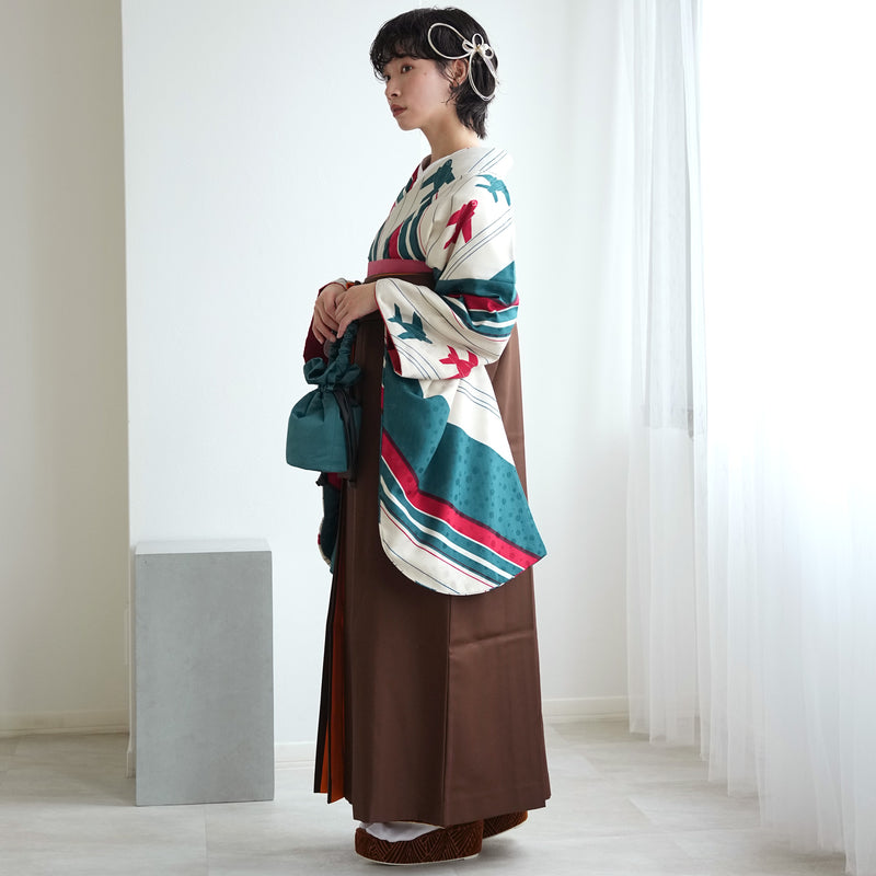 【レンタル】 袴 17点セット モダンアンテナ 二尺袖着物 飛翔 飛行機 袴99cm（身長163-170cm）重ね衿縫い付済  卒業式 大学生 専門学生（1022606101）