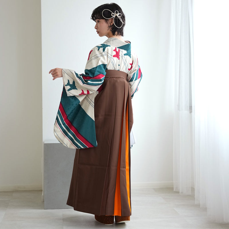 【レンタル】 袴 17点セット モダンアンテナ 二尺袖着物 飛翔 飛行機 袴99cm（身長163-170cm）重ね衿縫い付済  卒業式 大学生 専門学生（1022606101）