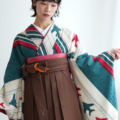 【レンタル】 袴 17点セット モダンアンテナ 二尺袖着物 飛翔 飛行機 袴99cm（身長163-170cm）重ね衿縫い付済  卒業式 大学生 専門学生（1022606101）