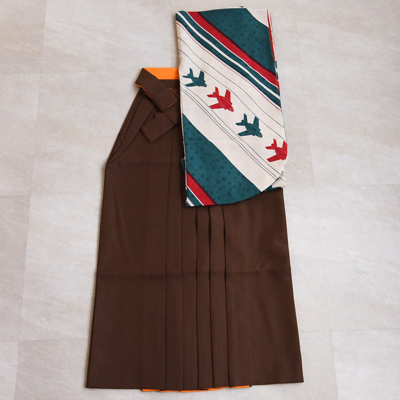 【レンタル】 袴 17点セット モダンアンテナ 二尺袖着物 飛翔 飛行機 袴99cm（身長163-170cm）重ね衿縫い付済  卒業式 大学生 専門学生（1022606101）