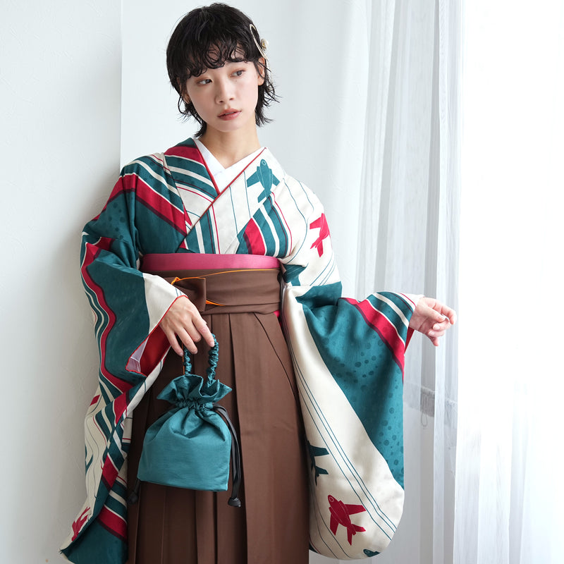 【レンタル】 袴 17点セット モダンアンテナ 二尺袖着物 飛翔 飛行機 袴99cm（身長163-170cm）重ね衿縫い付済  卒業式 大学生 専門学生（1022606101）