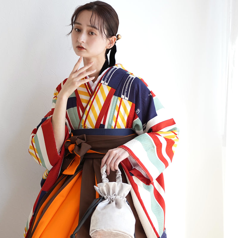 【レンタル】 袴 17点セット モダンアンテナ 二尺袖着物 飛翔 エクスプレス 袴99cm（身長163-170cm）重ね衿縫い付済  卒業式 大学生 専門学生（1022606501）